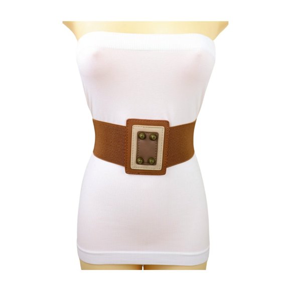 Women Brown Wide Elastic Belt Geometric Square Antique Gold Studs S M z042 - Picture 14 of 16